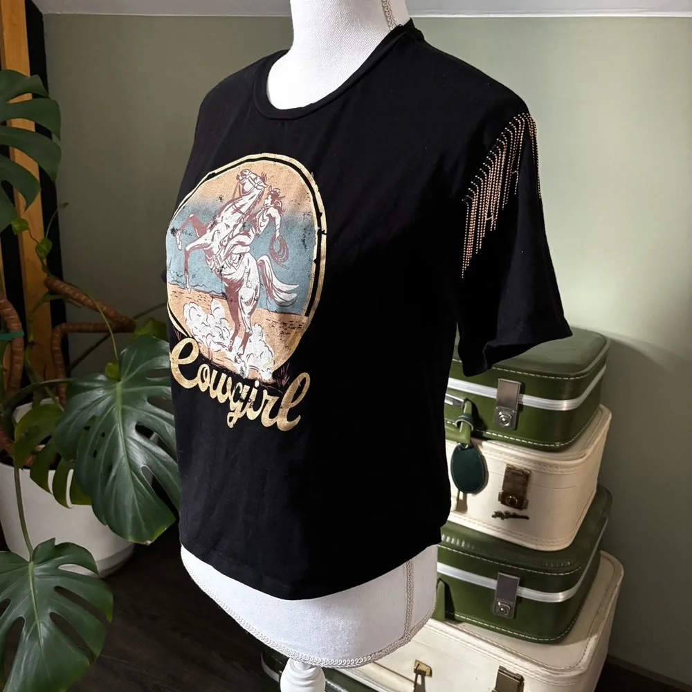 Organic Generation Cowgirl Tassel Sleeve Graphic Black Crop T-Shirt - Picture 7 of 12
